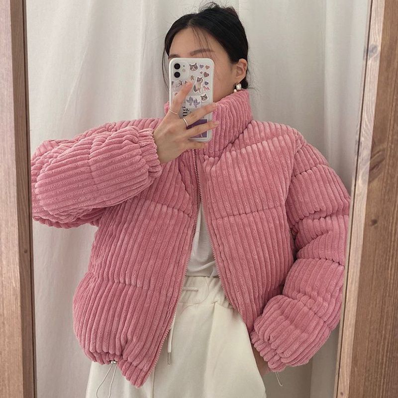 South Korea chic autumn and winter age-reducing pink skin-looking white stand collar pit design loose corduroy cotton-padded short coat for women Black  - Image 1