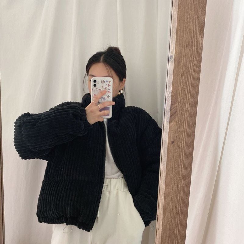 South Korea chic autumn and winter age-reducing pink skin-looking white stand collar pit design loose corduroy cotton-padded short coat for women Black  - Image 3