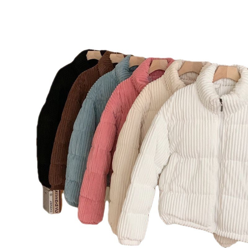 South Korea chic autumn and winter age-reducing pink skin-looking white stand collar pit design loose corduroy cotton-padded short coat for women Black  - Image 5