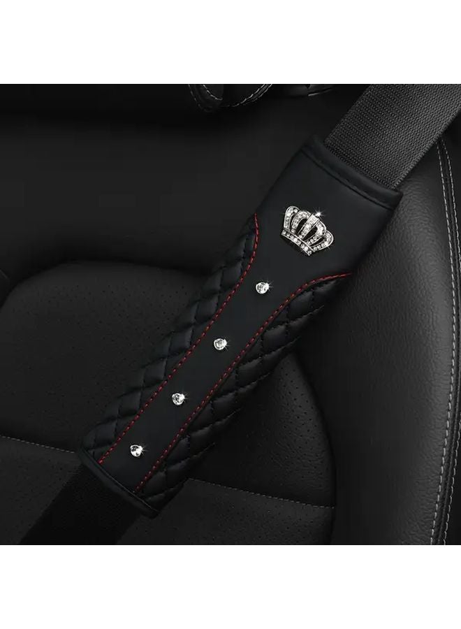 Black Rhinestone Crown Quilted PU Leather Car Seat Belt Shoulder Pad Padded Comfortable - Image 4