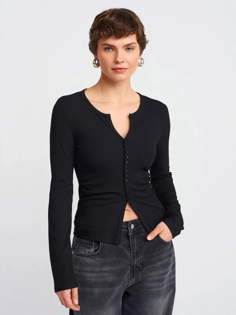 ديلفين DILVIN Slim Fit Ribbed Button-Front Blouse