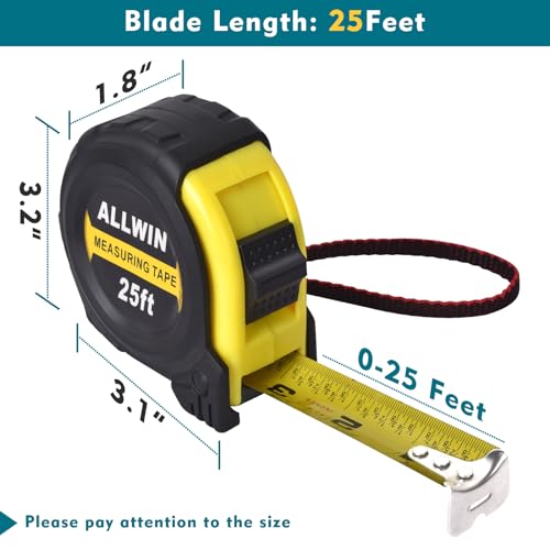 Allwin Tape Measure 25 Ft - Metal Retractable Tape Measure with Fractions, Easy Read, 1-inch Wide X 25 Foot - Image 2