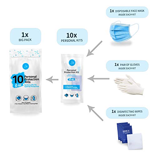 pH Advantage All-in-One Personal Protection Kits to GO - 10 Pack - With Plastic Gloves, Hand Cleansing Wipes, Disposable Face Mask - Image 2