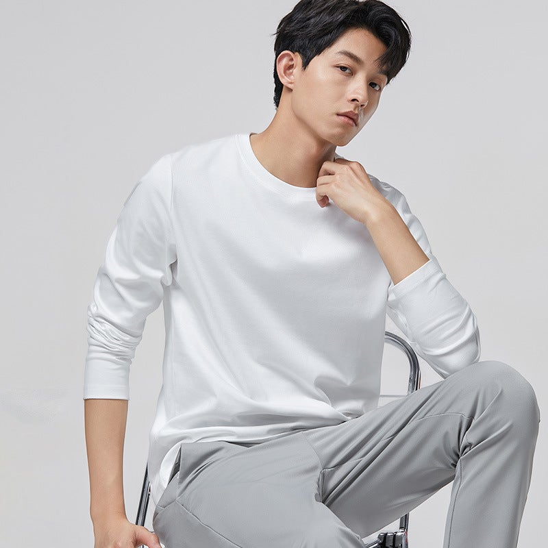 Mercerized Cotton Long-Sleeved T-Shirt Men'S Casual Basic Bottoming Shirt 2025 Versatile Antibacterial Solid Color Top - Image 1