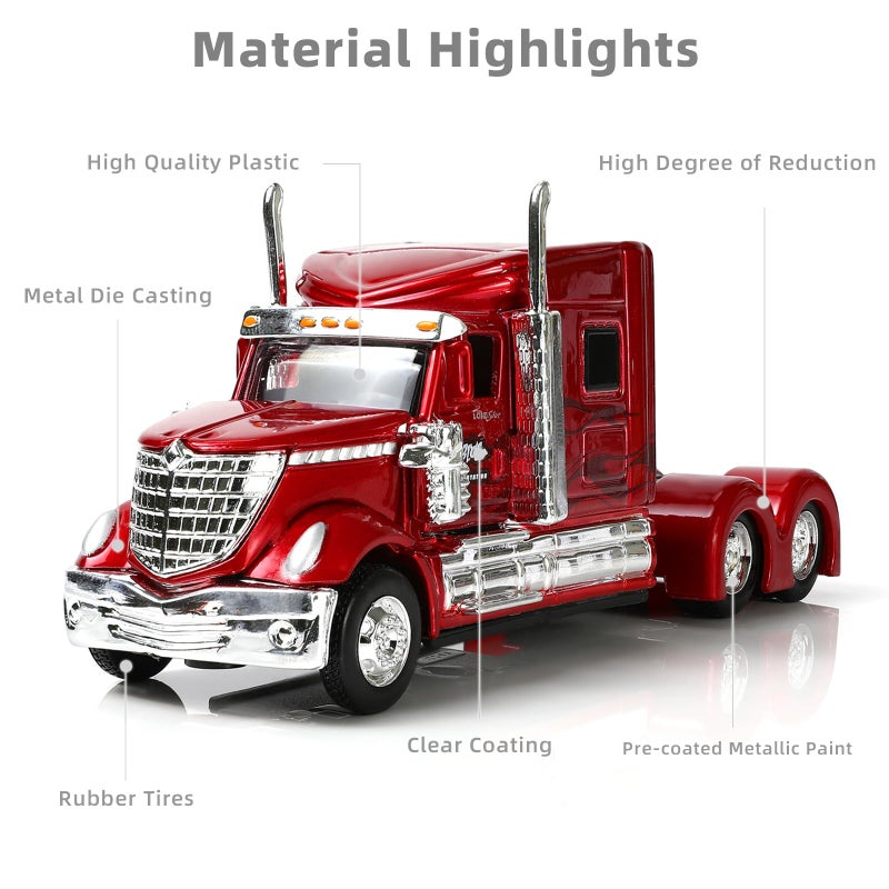 Risopen Semi Truck Toy, 1/64 Scale Alloy Metal Diecast Heavy Semi Truck Trailer Head Toy Model, International Lonestar Diecast Tow Traktor Gift for Boy Adult Model Car Collector -Red - Image 3