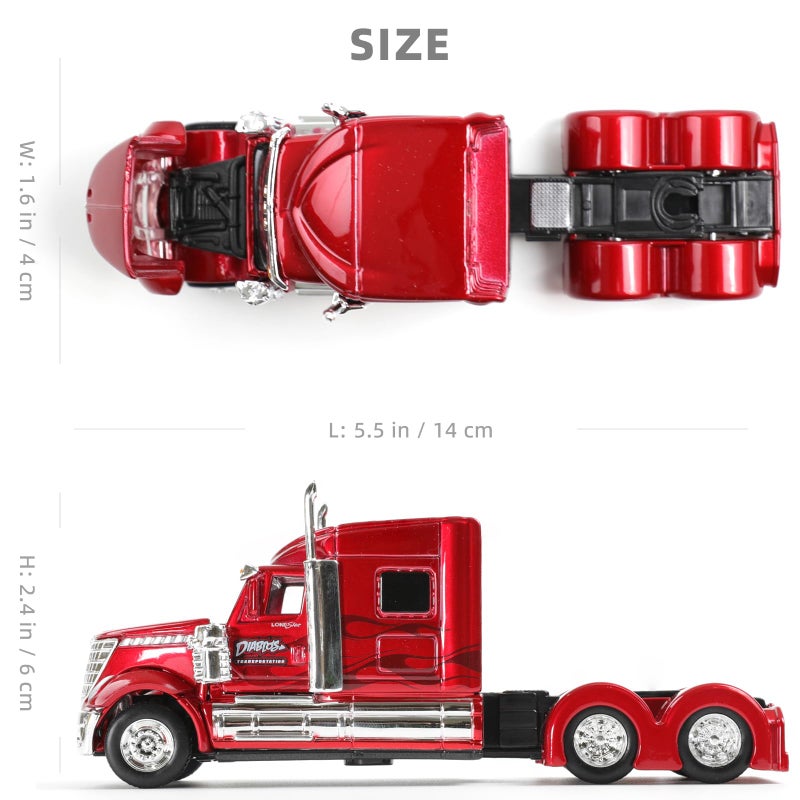 Risopen Semi Truck Toy, 1/64 Scale Alloy Metal Diecast Heavy Semi Truck Trailer Head Toy Model, International Lonestar Diecast Tow Traktor Gift for Boy Adult Model Car Collector -Red - Image 2