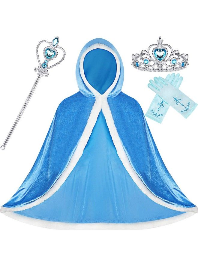 Satinior 4 Pieces Fur Princess Hooded Cape Cloaks Costume For Girls Princess Costumes Party Accessories (Height 47 Inch/ 120 Cm Blue) - Image 2