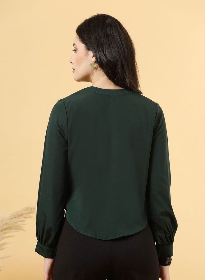 RAASSIO بلوزة خضراء بياقة دائرية للنساء - Image 5