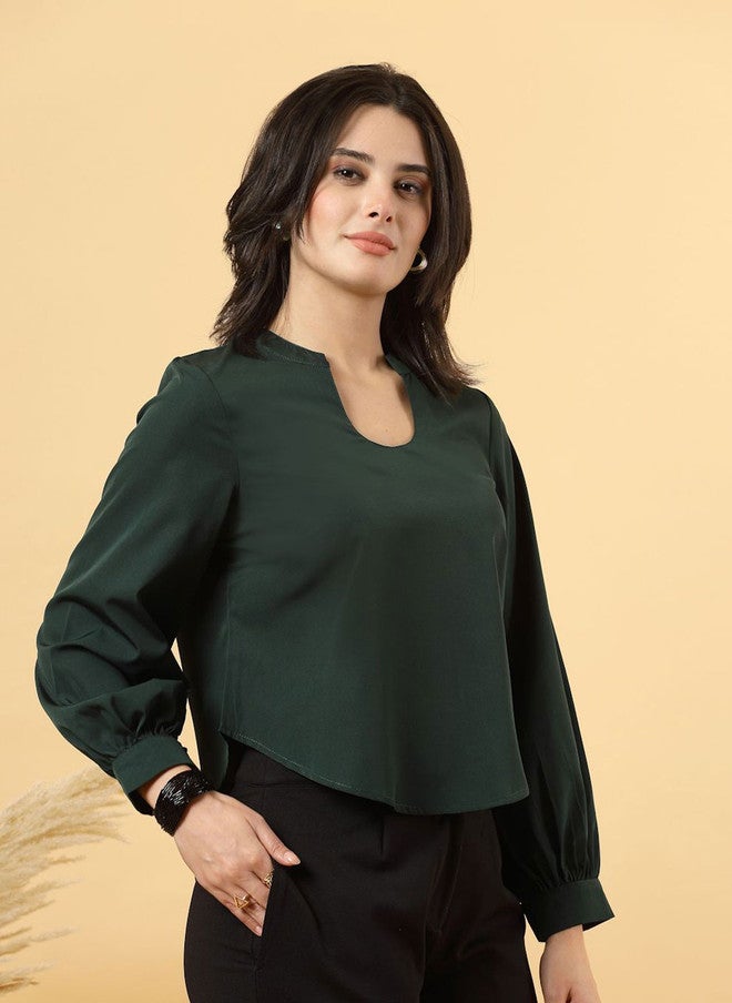 RAASSIO بلوزة خضراء بياقة دائرية للنساء - Image 4