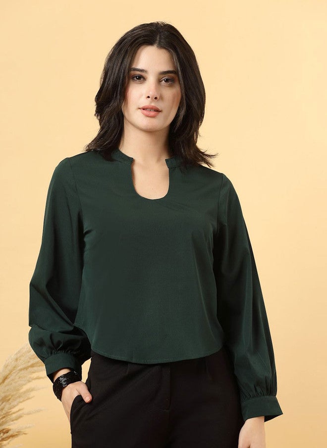 RAASSIO بلوزة خضراء بياقة دائرية للنساء - Image 2