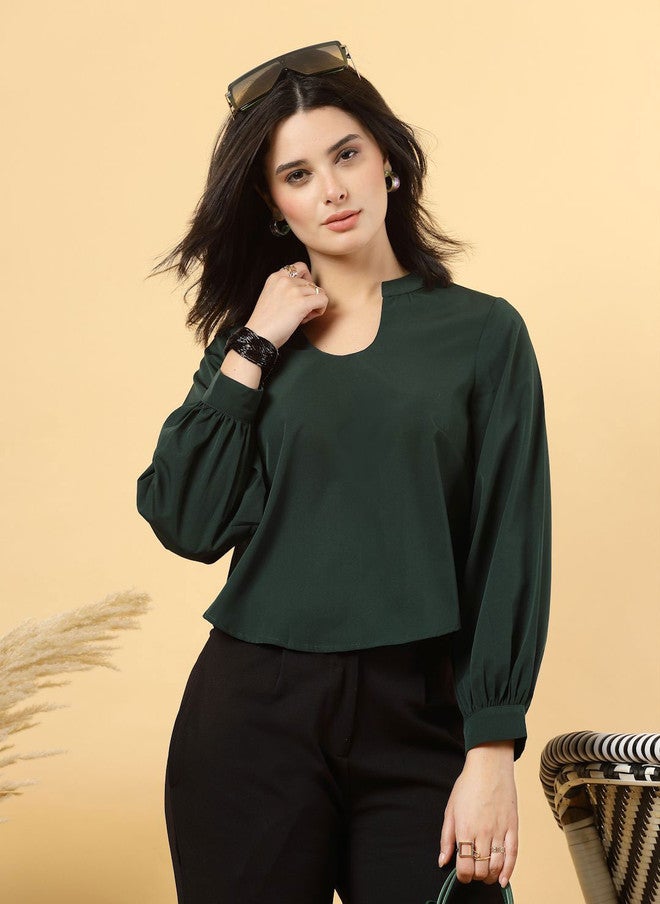 RAASSIO بلوزة خضراء بياقة دائرية للنساء - Image 1