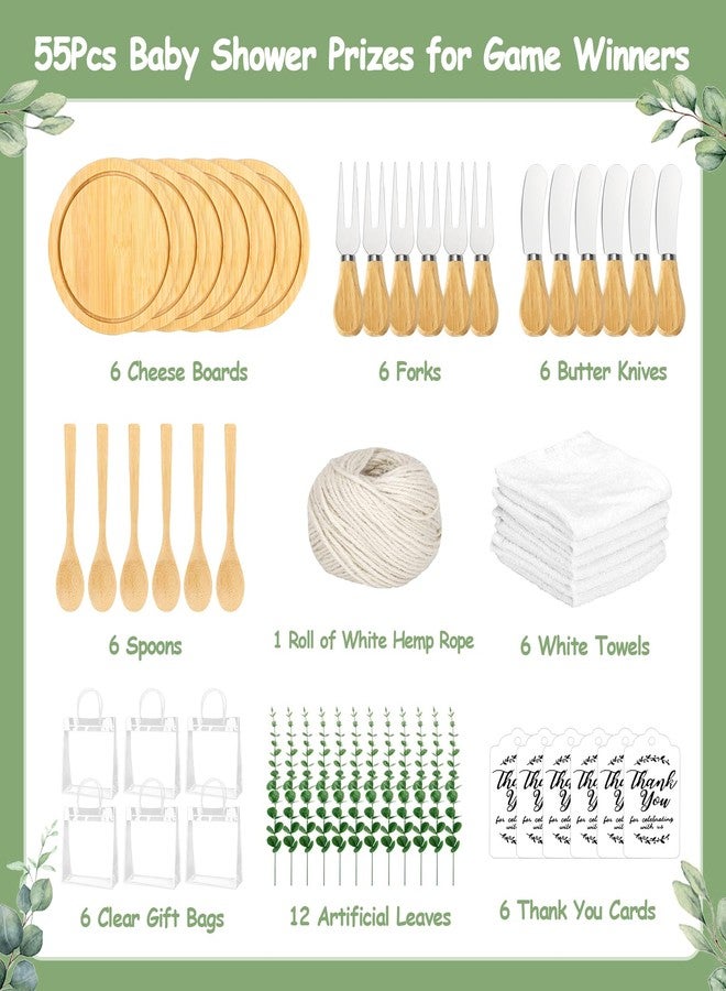 KBDHYY 55Pcs Baby Shower Prizes for Game Winners Adults 6 Sets Wedding Bridal Party Favors for Guests with Bamboo Cheese Board Butter Spreaders Forks Kitchen Towels Thank You Gift（Round） - Image 2