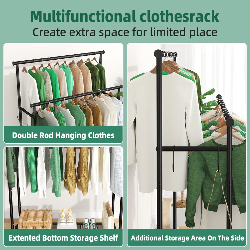 Ekisemio Double Rods Clothes Rack with Wheels Load 400 LBS, 45 Inch Rolling Clothing Rack for Hanging Clothes, Heavy Duty Garment Rack with Shelves, Metal Portable Closet, Black - Image 5