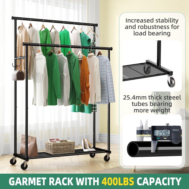 Ekisemio Double Rods Clothes Rack with Wheels Load 400 LBS, 45 Inch Rolling Clothing Rack for Hanging Clothes, Heavy Duty Garment Rack with Shelves, Metal Portable Closet, Black - Image 4