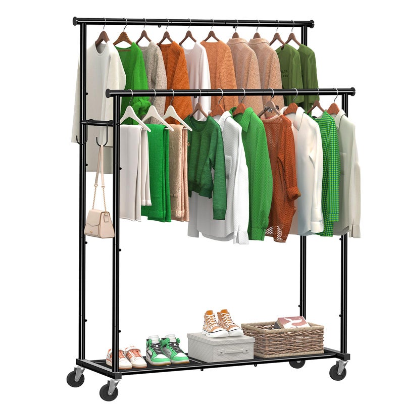 Ekisemio Double Rods Clothes Rack with Wheels Load 400 LBS, 45 Inch Rolling Clothing Rack for Hanging Clothes, Heavy Duty Garment Rack with Shelves, Metal Portable Closet, Black - Image 1