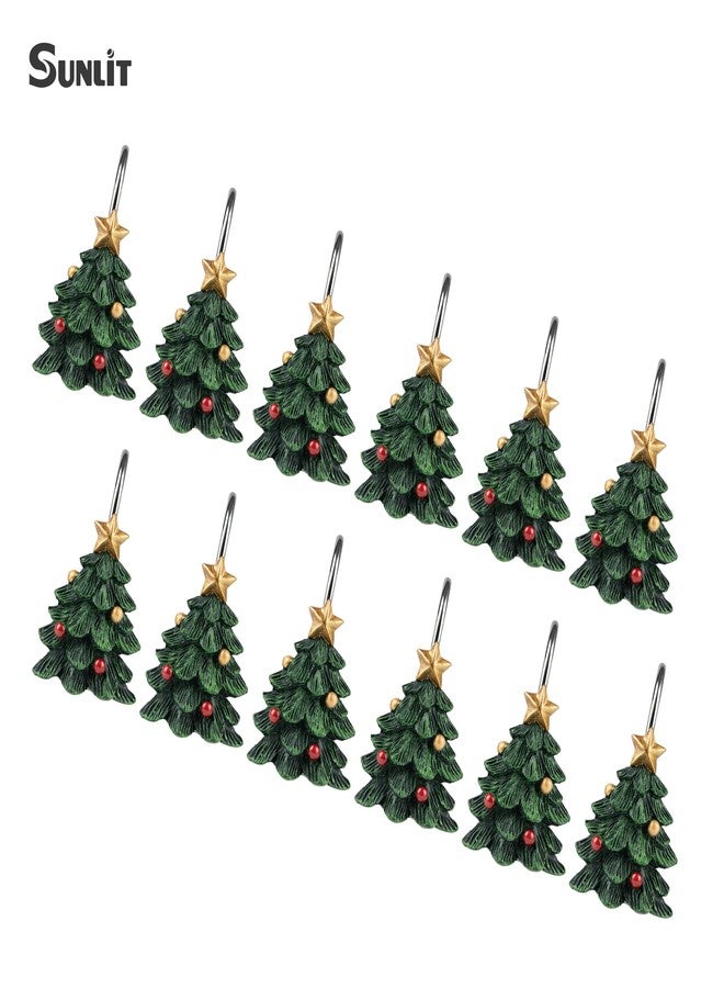Sunlit Christmas Tree Decorative Shower Curtain Hooks with Star, Green Shower Curtain Rings, Resin, Xmas Theme Winter Holiday Bathroom Decoration, Set of 12 - Image 4