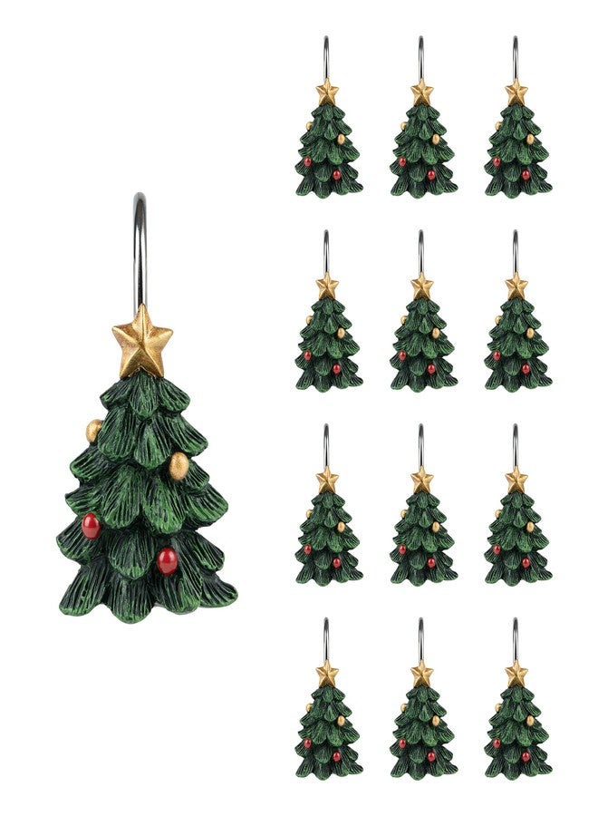 Sunlit Christmas Tree Decorative Shower Curtain Hooks with Star, Green Shower Curtain Rings, Resin, Xmas Theme Winter Holiday Bathroom Decoration, Set of 12 - Image 1