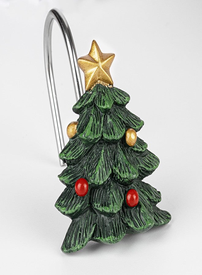 Sunlit Christmas Tree Decorative Shower Curtain Hooks with Star, Green Shower Curtain Rings, Resin, Xmas Theme Winter Holiday Bathroom Decoration, Set of 12 - Image 2