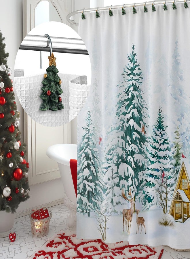 Sunlit Christmas Tree Decorative Shower Curtain Hooks with Star, Green Shower Curtain Rings, Resin, Xmas Theme Winter Holiday Bathroom Decoration, Set of 12 - Image 5