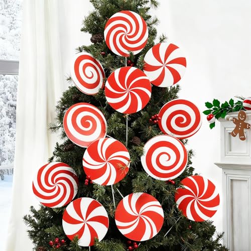 VABAMNA 12Pcs Large Candy Christmas Tree Decorations Peppermint Lollipop Christmas Picks for Tree 787 Red and White Candy Ornaments Plastic Candyland Tree Topper for Xmas Holiday Party Vase Decor - Image 1