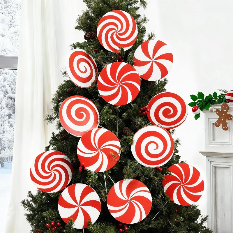VABAMNA 12Pcs Large Candy Christmas Tree Decorations Peppermint Lollipop Christmas Picks for Tree 787 Red and White Candy Ornaments Plastic Candyland Tree Topper for Xmas Holiday Party Vase Decor - Image 2