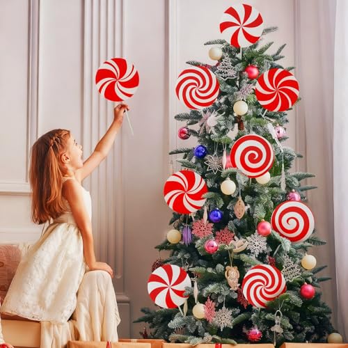 VABAMNA 12Pcs Large Candy Christmas Tree Decorations Peppermint Lollipop Christmas Picks for Tree 787 Red and White Candy Ornaments Plastic Candyland Tree Topper for Xmas Holiday Party Vase Decor - Image 3