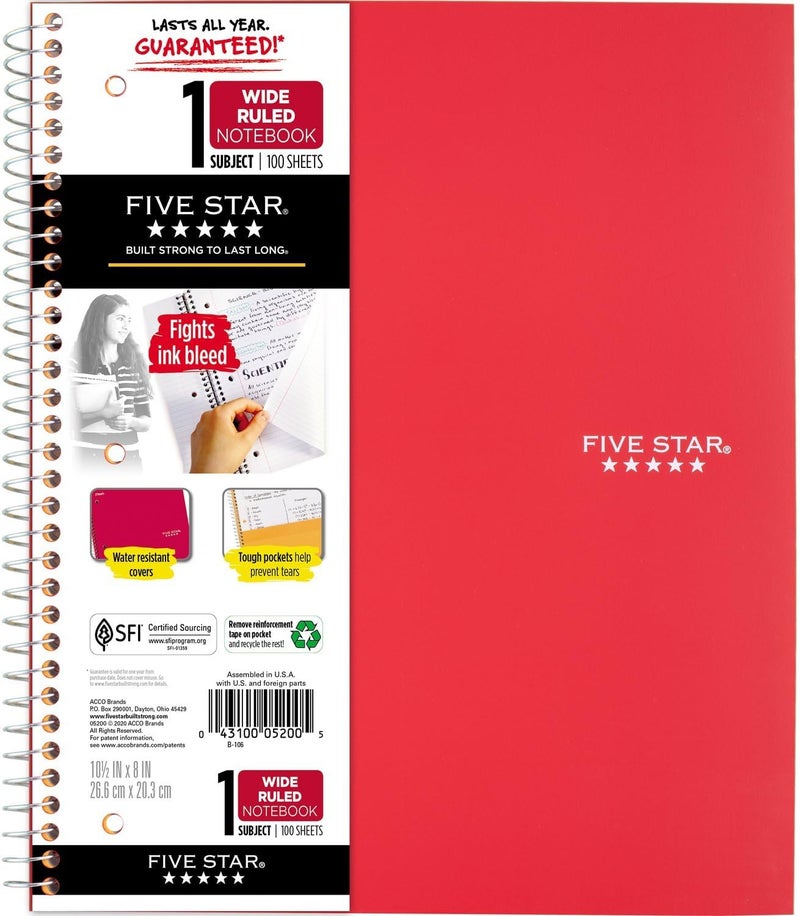 Five Star Spiral Notebook + Study App, 1 Subject, Wide Ruled Paper, 8" x 10-1/2", 100 Sheets, Fights Ink Bleed, Water Resistant Cover, Fire Red (72017) - Image 1