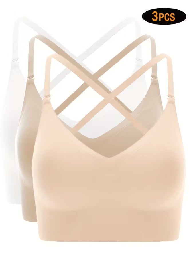 3 قطع حمالات صدر بدون درزات وبدون ظهر للنساء - تصميمات بأحزمة على شكل حرف X وU، حمالة صدر لاسلكية مع وسادات قابلة للإزالة، ملابس داخلية عالية الدعم للاستخدام اليومي والمناسبات الخاصة - كاكي، أبيض، وبيج - Image 1