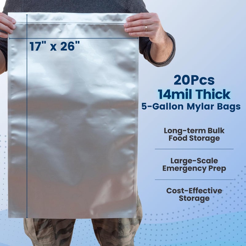 THREE WAY CUT 5 Gallon Mylar Bags For Food Storage with Zipper - 20pcs 14Mil Extra Thick For Long Term Storing, Dry Aging & Heat Vacuum Seal, 17x26" Large Resealable Myler Bag, 2000cc Oxygen Absorbers & Labels Pack - Image 3