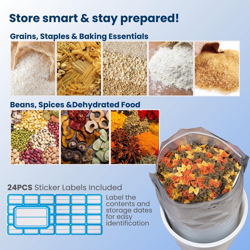 THREE WAY CUT 5 Gallon Mylar Bags For Food Storage with Zipper - 20pcs 14Mil Extra Thick For Long Term Storing, Dry Aging & Heat Vacuum Seal, 17x26" Large Resealable Myler Bag, 2000cc Oxygen Absorbers & Labels Pack - Image 5