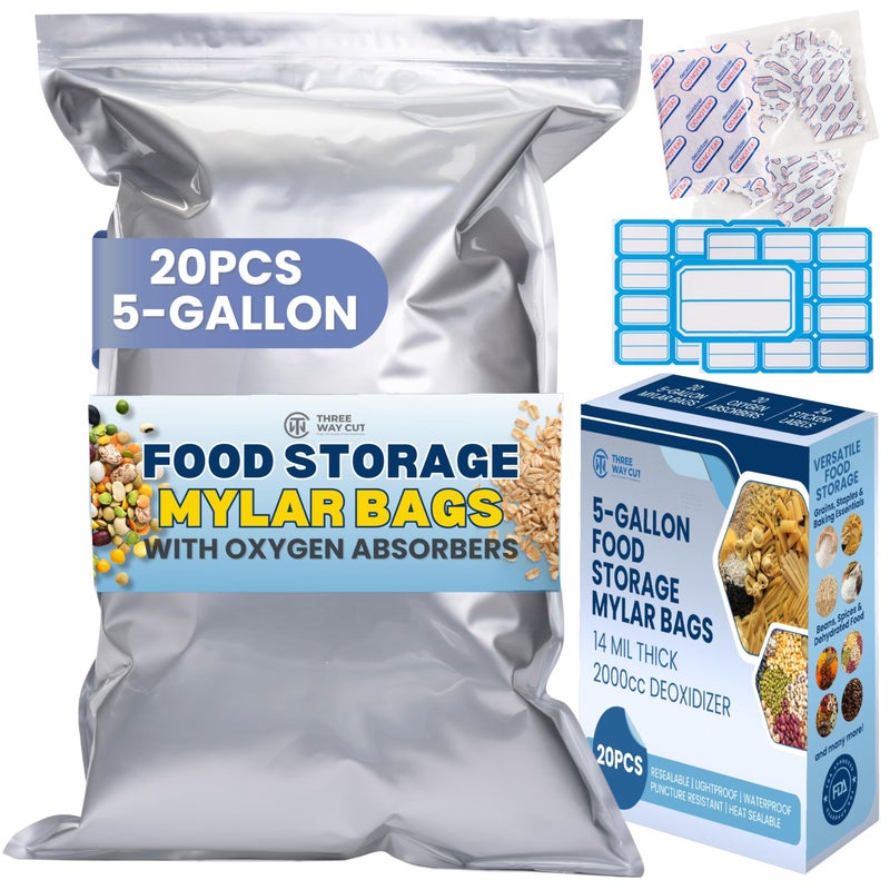 THREE WAY CUT 5 Gallon Mylar Bags For Food Storage with Zipper - 20pcs 14Mil Extra Thick For Long Term Storing, Dry Aging & Heat Vacuum Seal, 17x26" Large Resealable Myler Bag, 2000cc Oxygen Absorbers & Labels Pack - Image 1