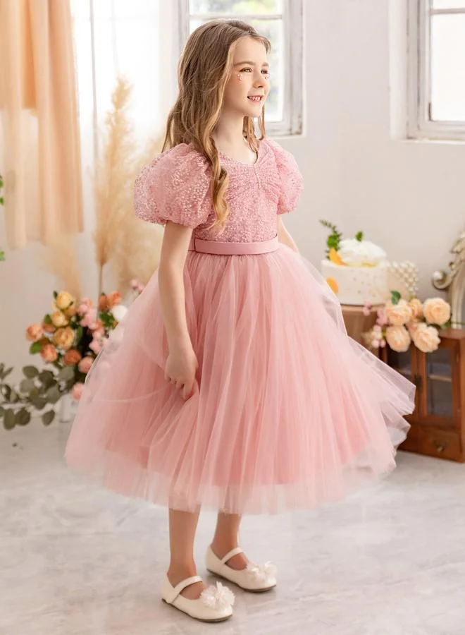 Take Two Girls Lace Puff Sleeve Mesh Party Dress