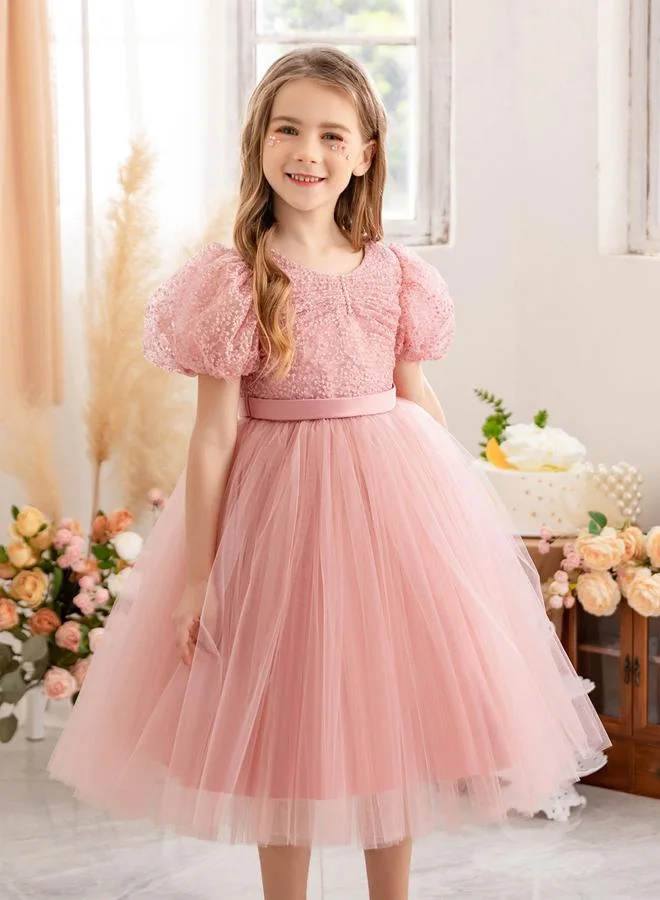 Take Two Girls Lace Puff Sleeve Mesh Party Dress