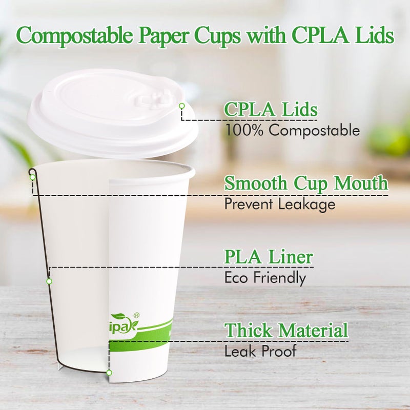 ECOLipak 100 Count 12 oz Compostable Paper Coffee Cups  Biodegradable Disposable Coffee Cups with CPLA Lid  Eco-friendly Hot Drinking Cups for Party  Picnic  Travel  and Events - Image 2