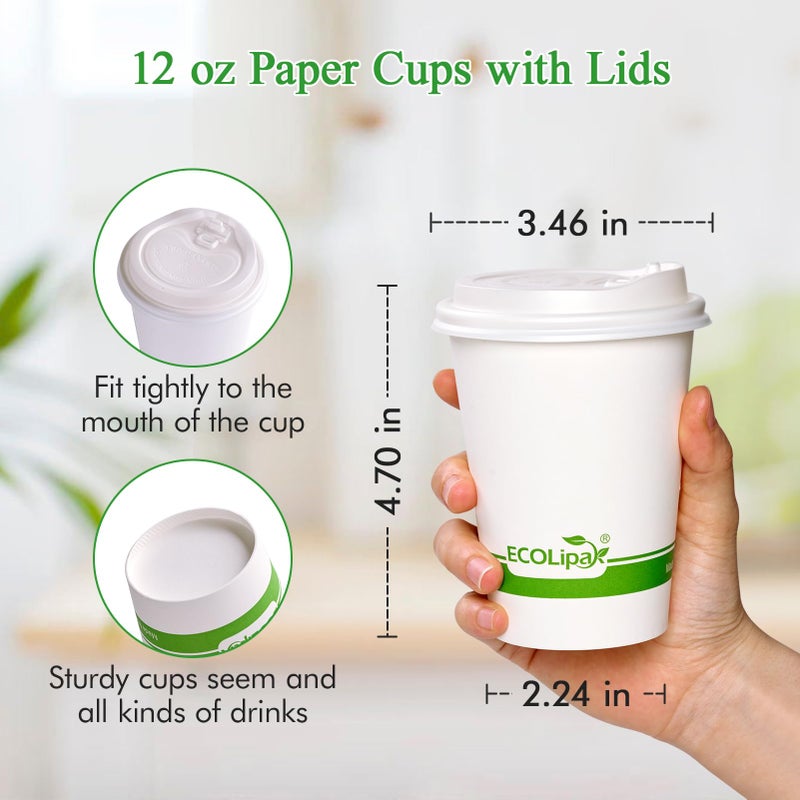 ECOLipak 100 Count 12 oz Compostable Paper Coffee Cups  Biodegradable Disposable Coffee Cups with CPLA Lid  Eco-friendly Hot Drinking Cups for Party  Picnic  Travel  and Events - Image 4