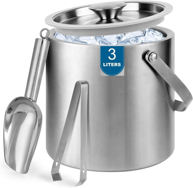 Berverra Portable Ice Granule Bucket 3 Liter Double-Wall Ice Bucket with Lid,Scoop,Tongs- Inner Layer 304 Stainless Steel Ice Container Keep Ice Frozen Longer- Ideal for Cocktail Bar,Parties,Chilling Beer Wine - Image 1