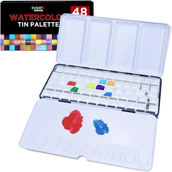 LARGE EMPTY WATERCOLOR PALETTE TIN WITH LID HOLDS 48 HALF PANS 63 INCLUDED 5 FOLDOUT MIXING AREAS METAL TRAVEL BOX FOR ARTISTS