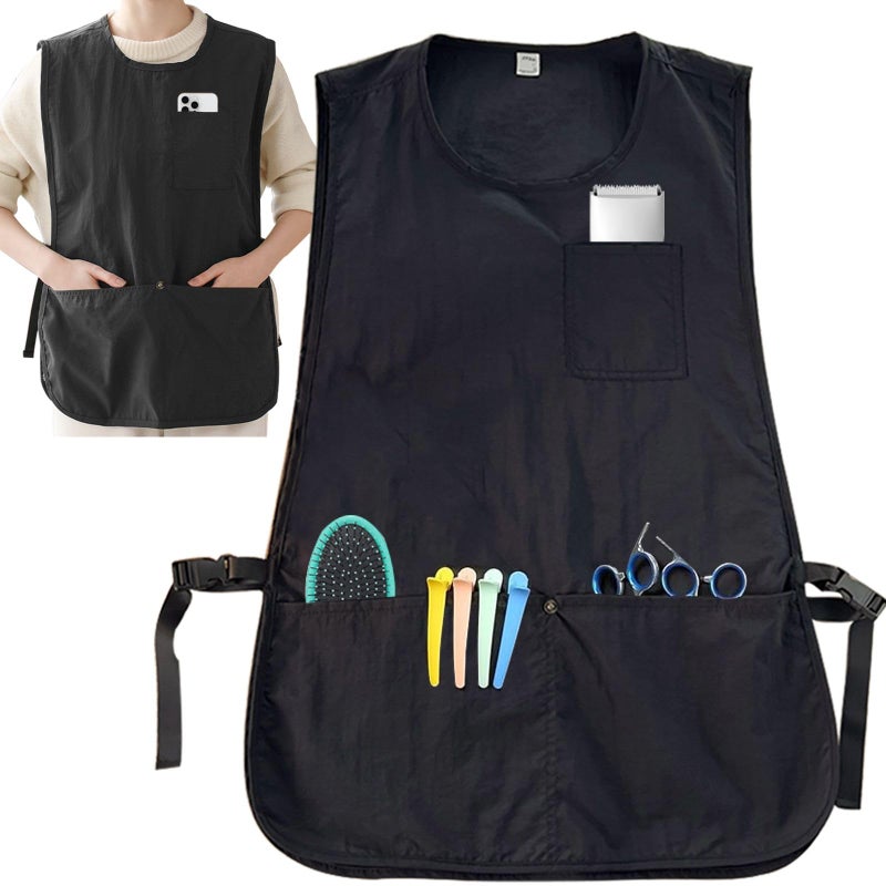XDONEF Barber Apron Smock Waterproof Work Apron with 4 Pockets Hair Stylist Vest Sleeveless Hairdresser Jacket for Women Men Black - Image 2