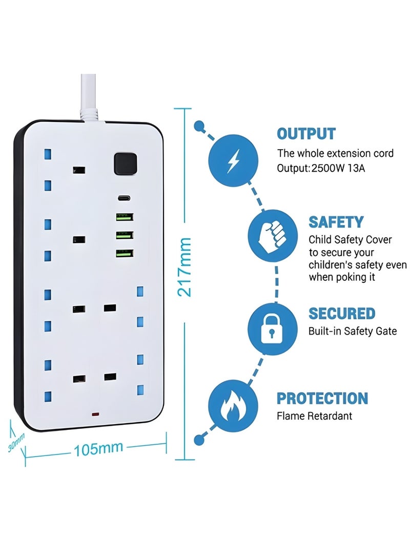 PowerMax 10-in-1 Power Strip Extension Socket 2500W 13A with 3 USB & 1 Type-C Ports, 5M Cable, Overload & Surge Protection, Flame-Retardant ABS, Universal Plug for Home & Office - Image 5