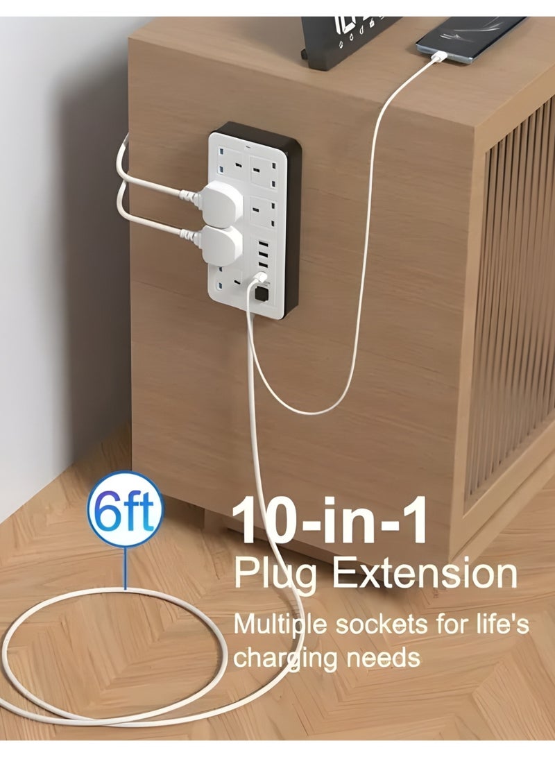 10-in-1 Power Strip Extension Socket 2500W 13A with USB & Type-C Ports, 5M Cable, Overload & Surge Protection, Flame-Retardant ABS, Universal Plug for Home & Office - view 3