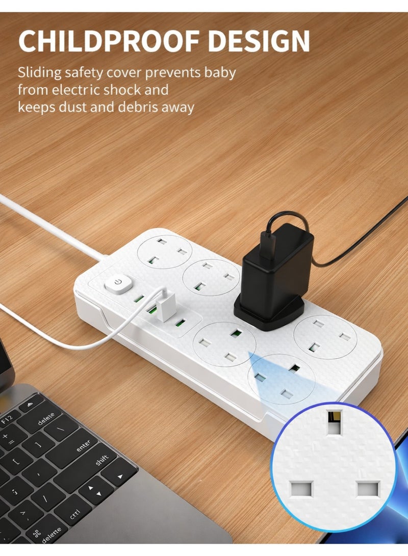 لييندا وصلة كهرباء 10 في 1 بقدرة 2500 واط / 13 أمبير مع منافذ USB و منفذ Type-C، سلك بطول 3 أمتار، حماية من الحمل الزائد والجهد العالي، مادة مقاومة للحريق، قابس عالمي للمنزل والمكتب - Image 3