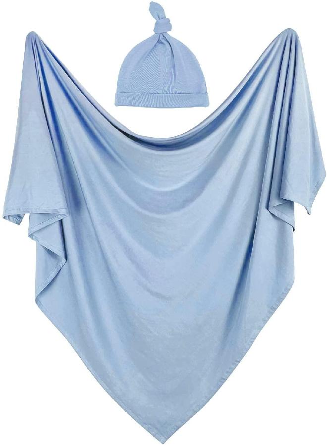 iEvolve Cotton Knitted Baby Swaddle Blanket with Hat Headband Set Newborn Swaddle Wrap Receiving Blankets for Baby Girl Boy 45" x 45"(Lightblue) - Image 2