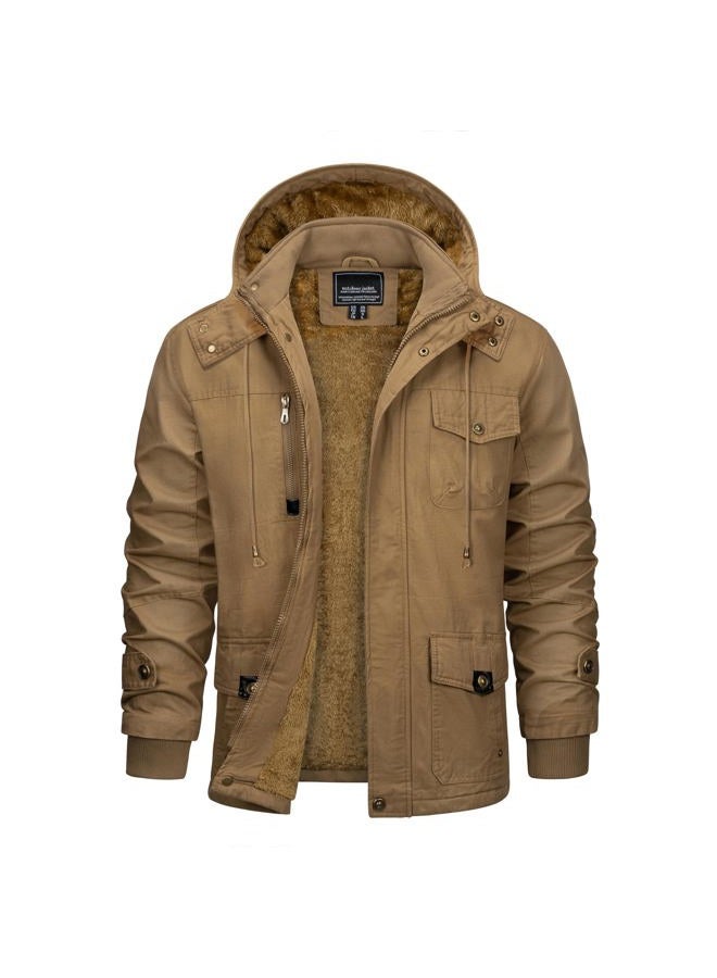 CRYSULLY Men's Winter Casual Thicken Multi-Pocket Outwear Jacket Coat With Removable Hood, 35# Khaki, L - Image 1