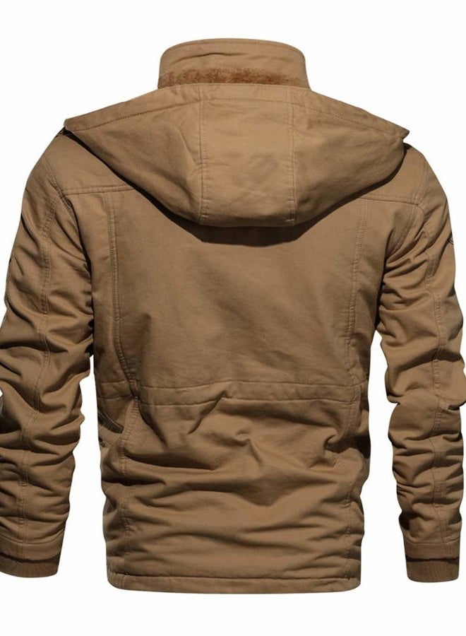 CRYSULLY Men's Winter Casual Thicken Multi-Pocket Outwear Jacket Coat With Removable Hood, 35# Khaki, L - Image 3