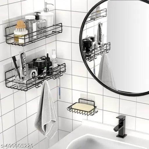 SPARSHMART Lal Bathroom Rack - Bathroom Shelves - Kitchen Storage - Self Adhesive Bathroom Shelf and Shampoo Holder with 4 Hook Adhesive Shower Caddy Metal Shelf  - Image 3