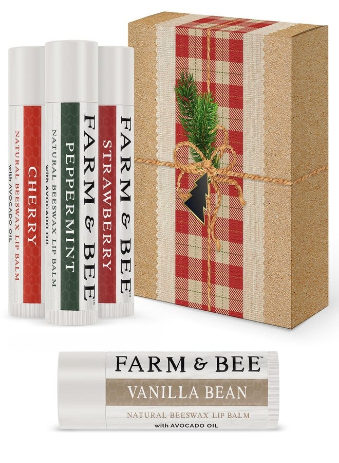 Farm & Bee بلسم شفاه طبيعي - هدية صغيرة - مجموعة 4 هدايا للنساء والرجال - مكونات عضوية وطبيعية - مرطب شفاه - فكرة هدية رائعة للنساء والرجال والأولاد والبنات - 0.15 أونصة (عبوة من 4) - Image 1