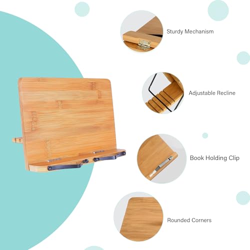 oddpod™ 13-Inch Bamboo Book Stand for Reading, Large Foldable Book Holder for Desk with Adjustable Height and Page Holder Clips for Cookbooks, Textbooks, Recipe Books, Music Books & Tablets (Medium) - Image 4