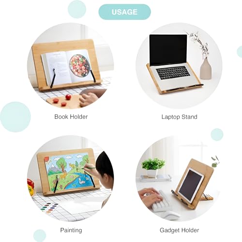 oddpod™ 13-Inch Bamboo Book Stand for Reading, Large Foldable Book Holder for Desk with Adjustable Height and Page Holder Clips for Cookbooks, Textbooks, Recipe Books, Music Books & Tablets (Medium) - Image 5