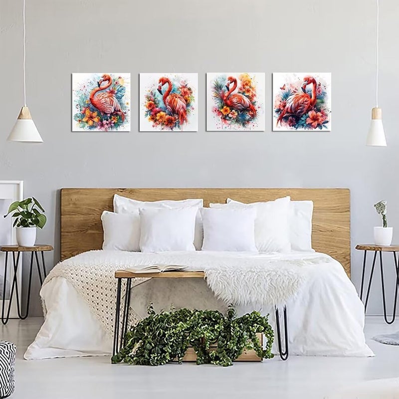 Wall HDQ Flamingo Wall Decor Animal Pictures Floral Pink Plant for Kids Girls Room Decor Framed Posters Paintings Bedroom Office Home Decor 4 Pieces - Image 4