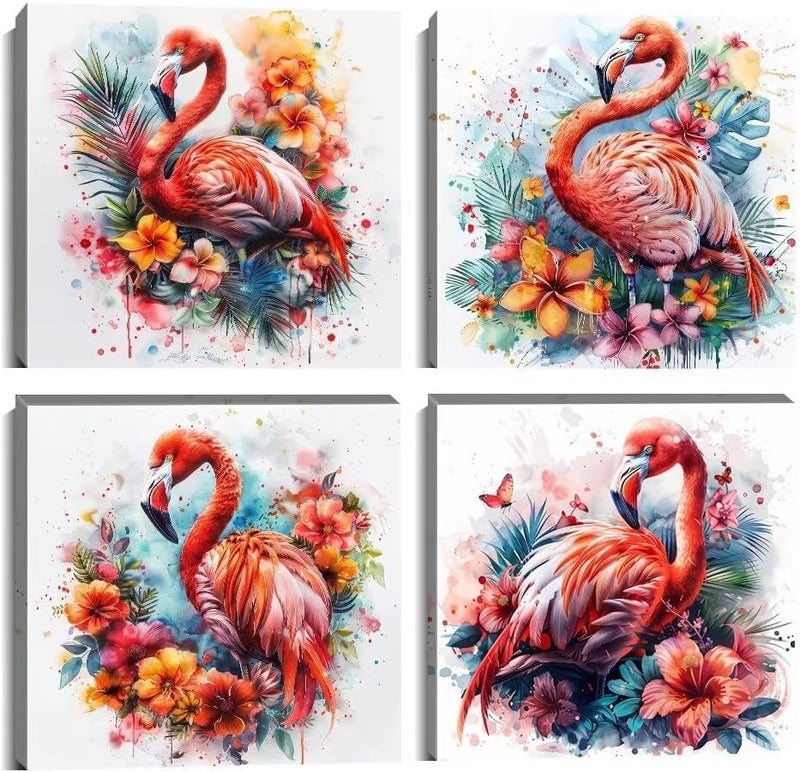 Wall HDQ Flamingo Wall Decor Animal Pictures Floral Pink Plant for Kids Girls Room Decor Framed Posters Paintings Bedroom Office Home Decor 4 Pieces - Image 1